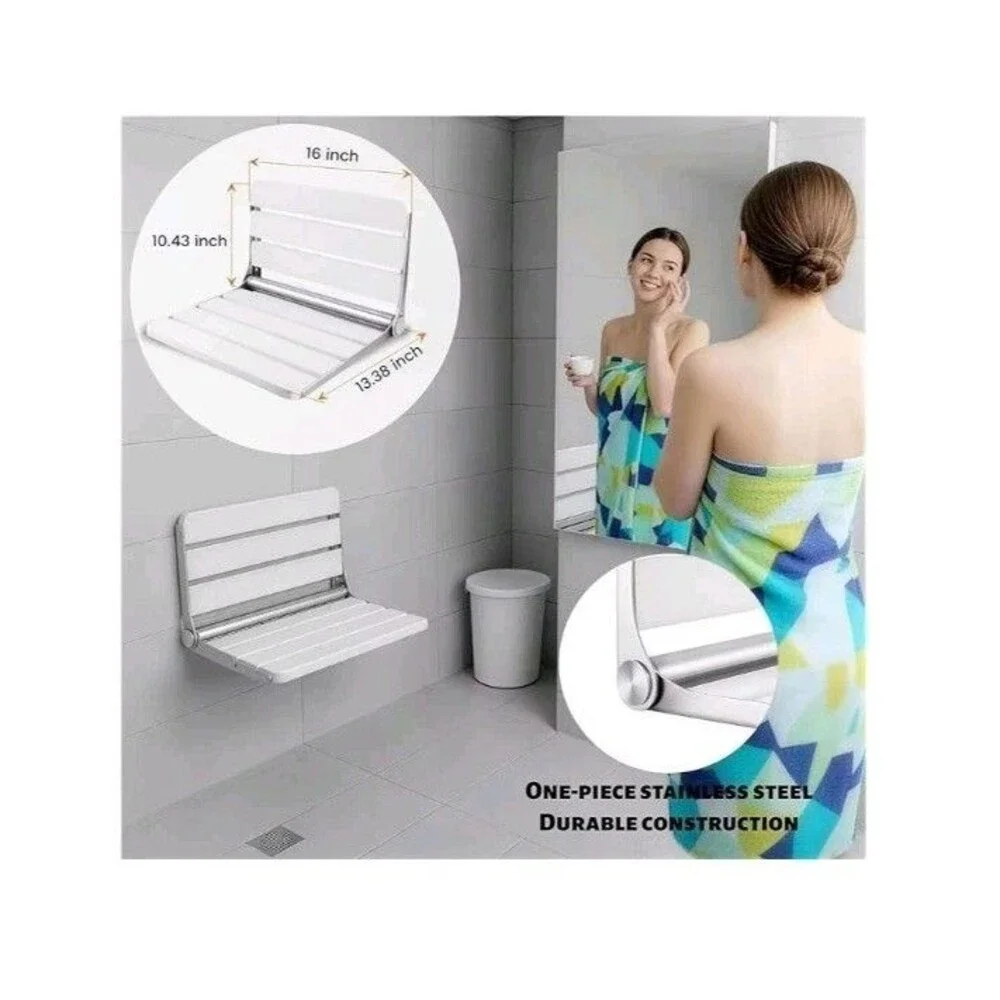 16' Foldable Shower Seat Wall Mounted 400 Ib Max Load White
